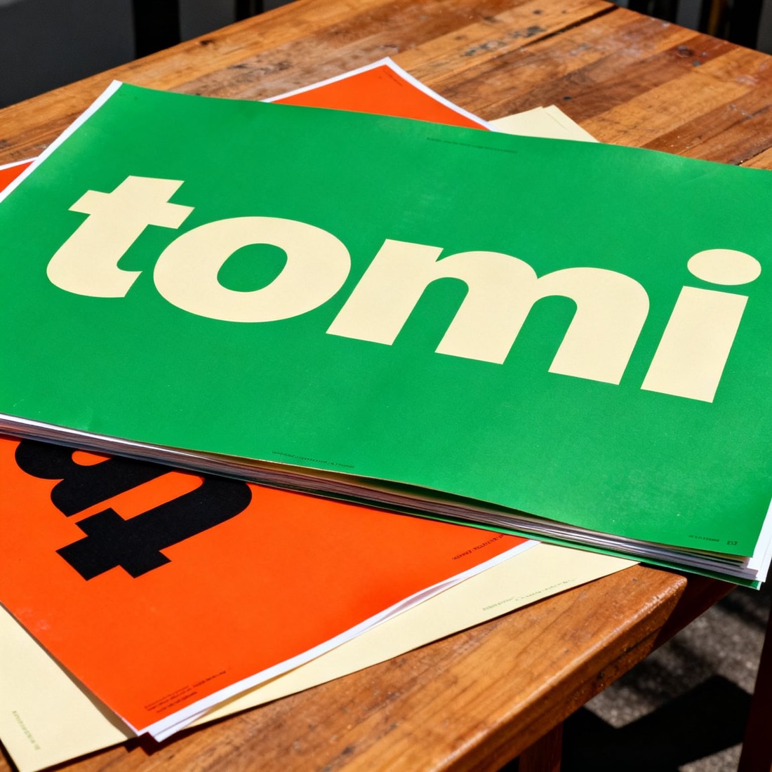 Stack of screen-printed posters, the top one vivid green with a giant cropped cream tomi wordmark bleeding off the edges