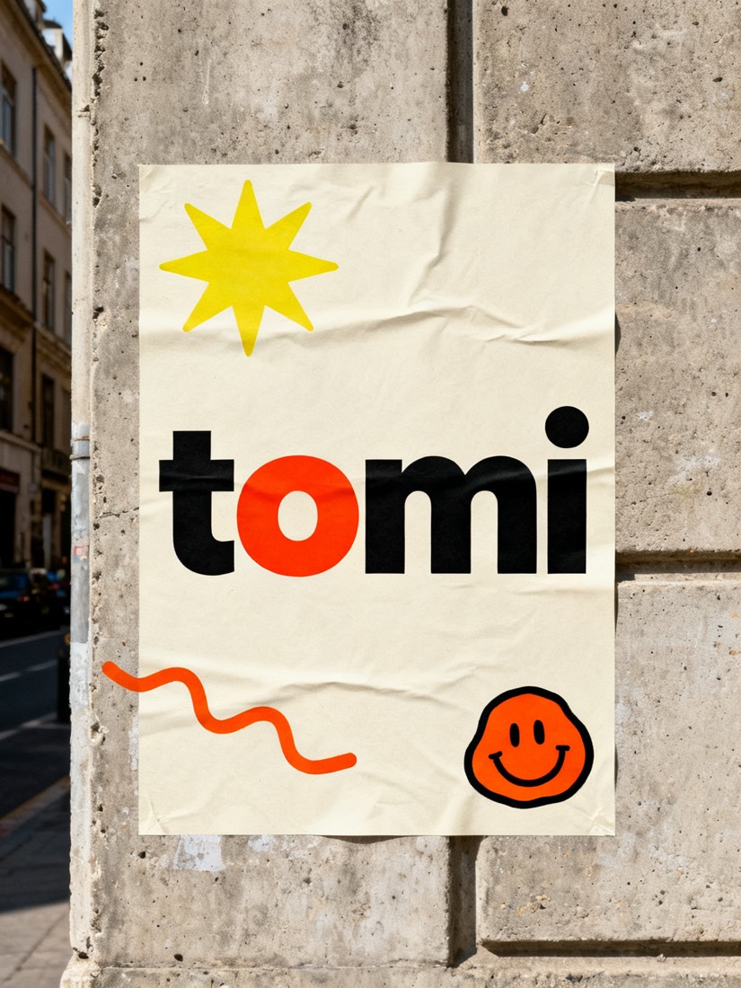 Cream Tomi poster wheat-pasted on a concrete wall with a yellow starburst, orange squiggle and orange smiley blob