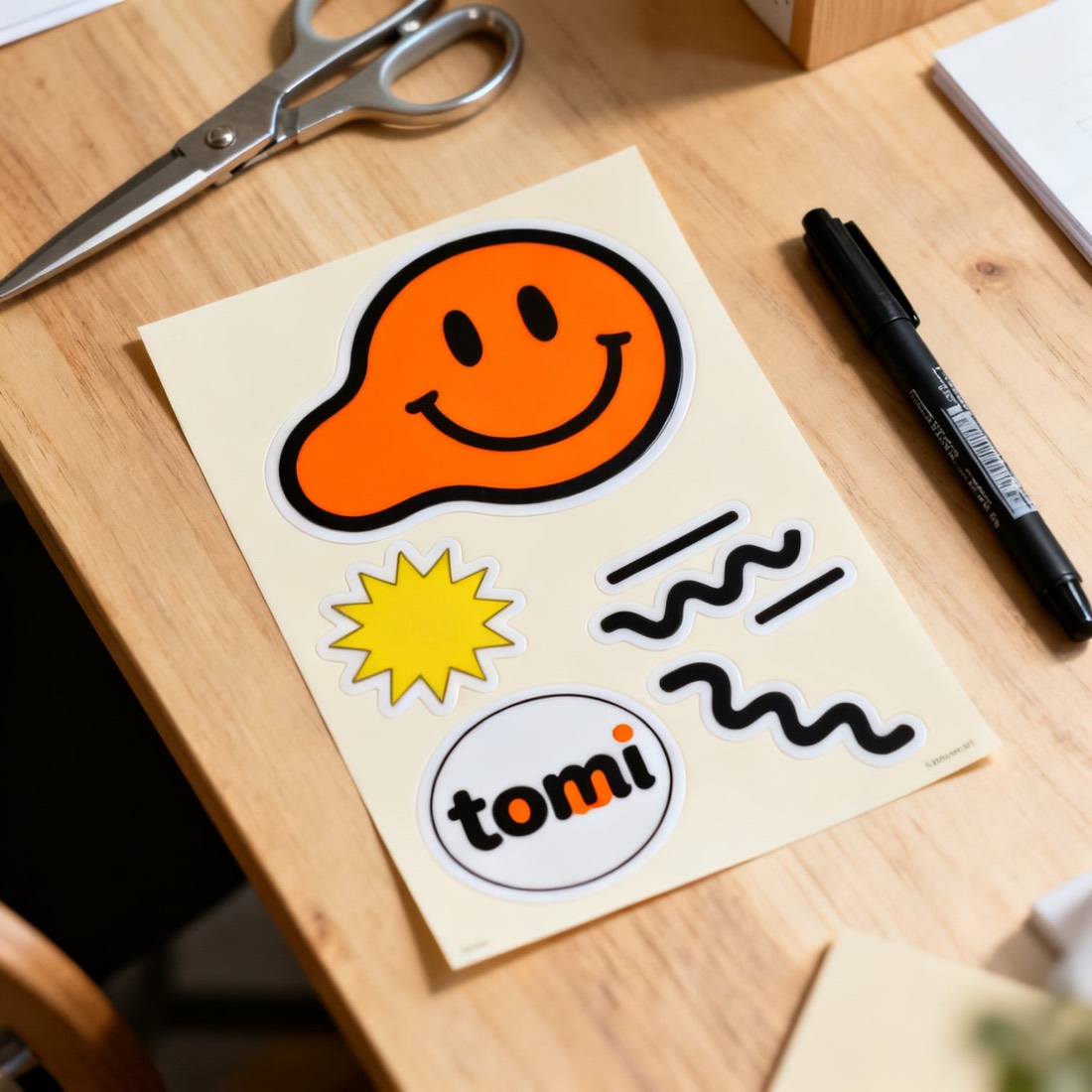 Die-cut Tomi sticker sheet on a desk: orange smiley blob, yellow starburst, black squiggles and a round tomi sticker