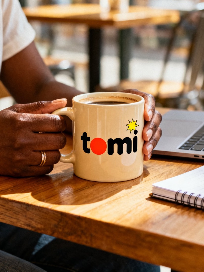 Hands holding a cream Tomi mug with the wordmark and a yellow starburst, laptop and notebook on the table