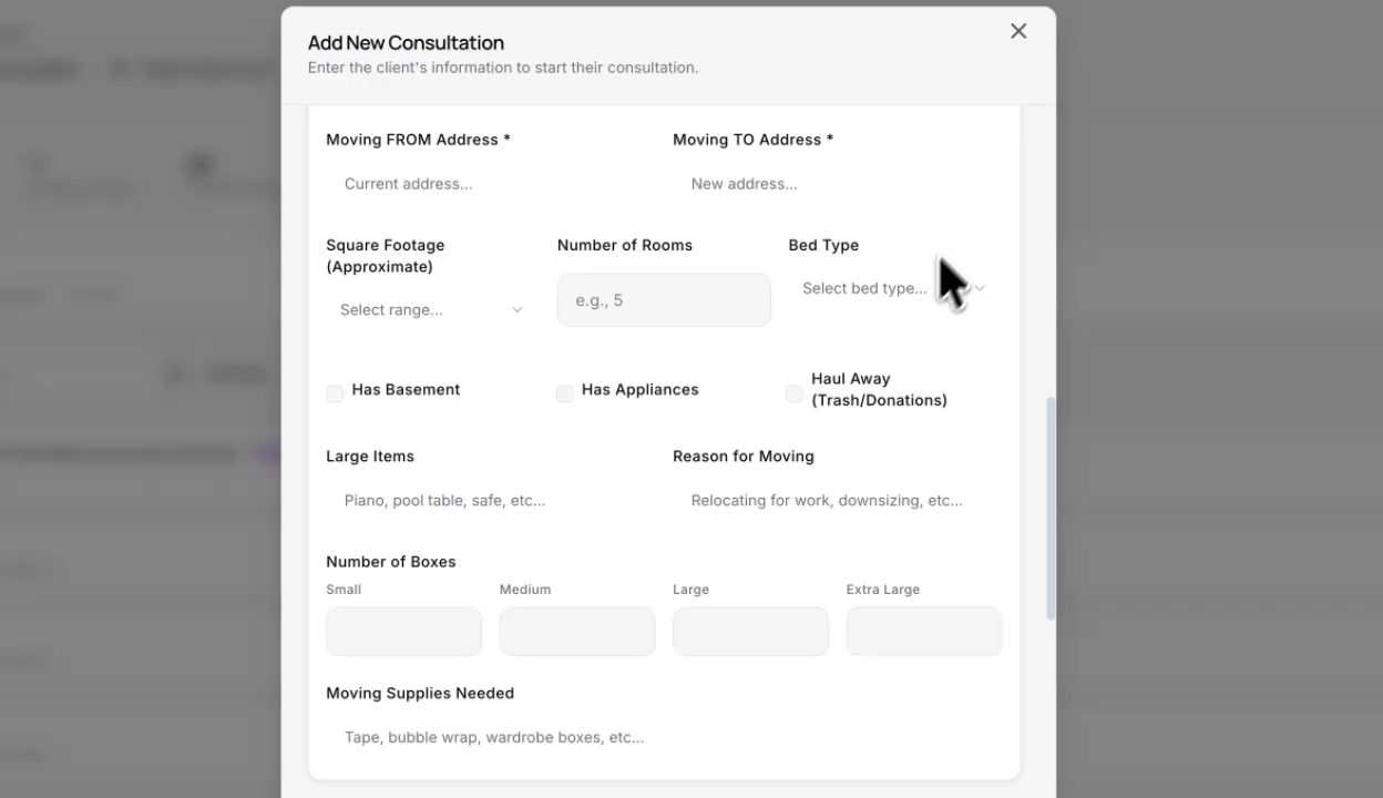 New consultation intake form covering addresses, rooms, bed type, boxes and moving supplies