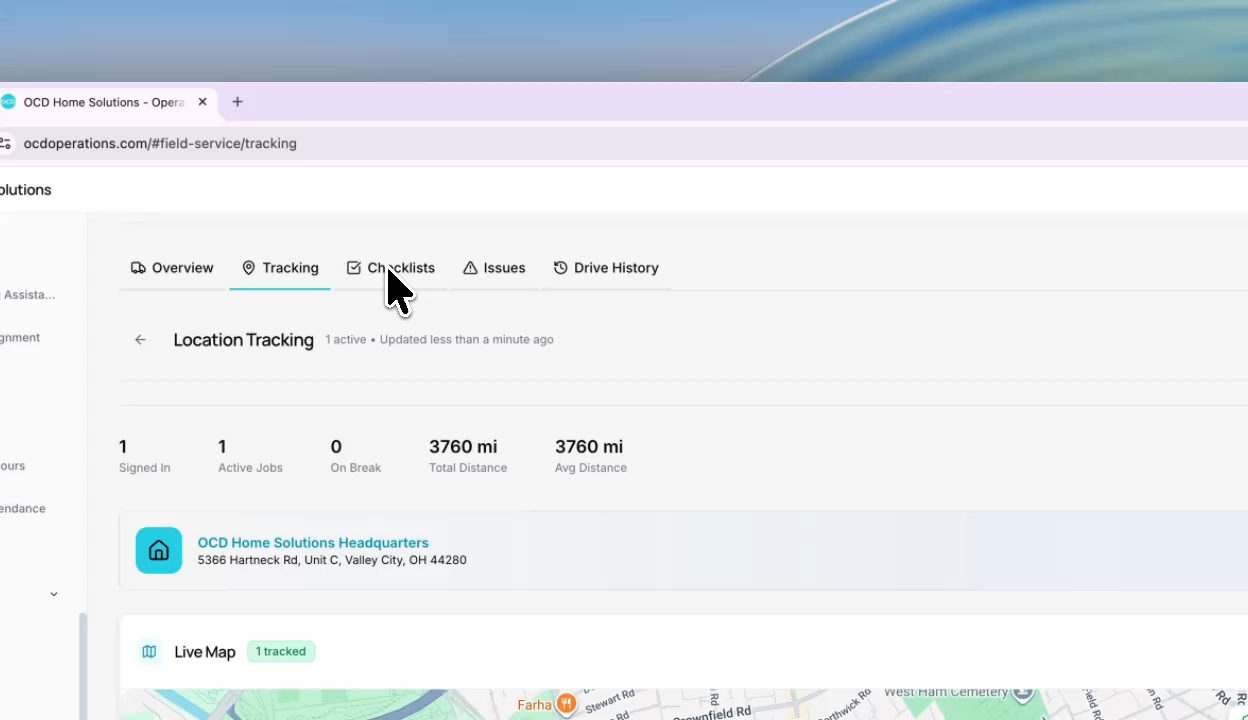 Field service tracking with live location, active jobs and 3,760 miles of total distance logged