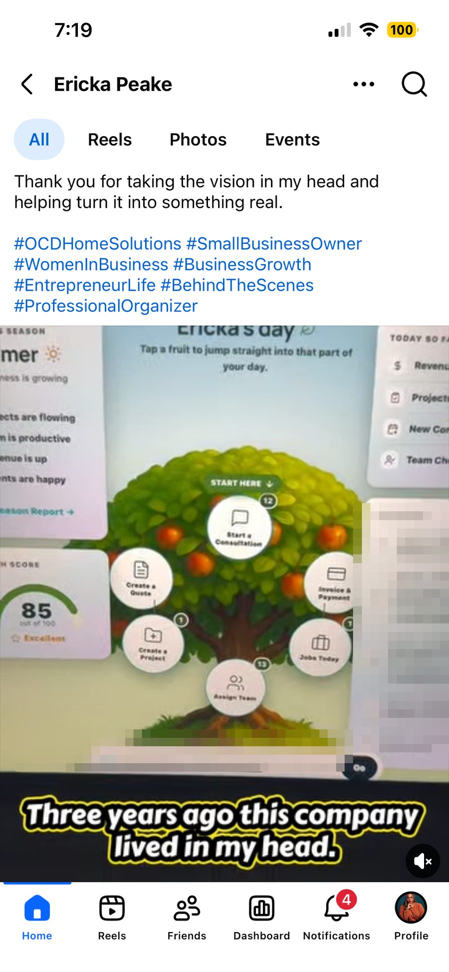 The post's video frame showing the OCD platform's tree hub, client details blurred