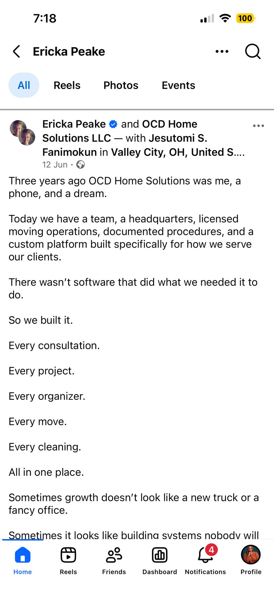 Ericka Peake's public Facebook post about OCD Home Solutions growing from a phone and a dream to a team with a custom platform