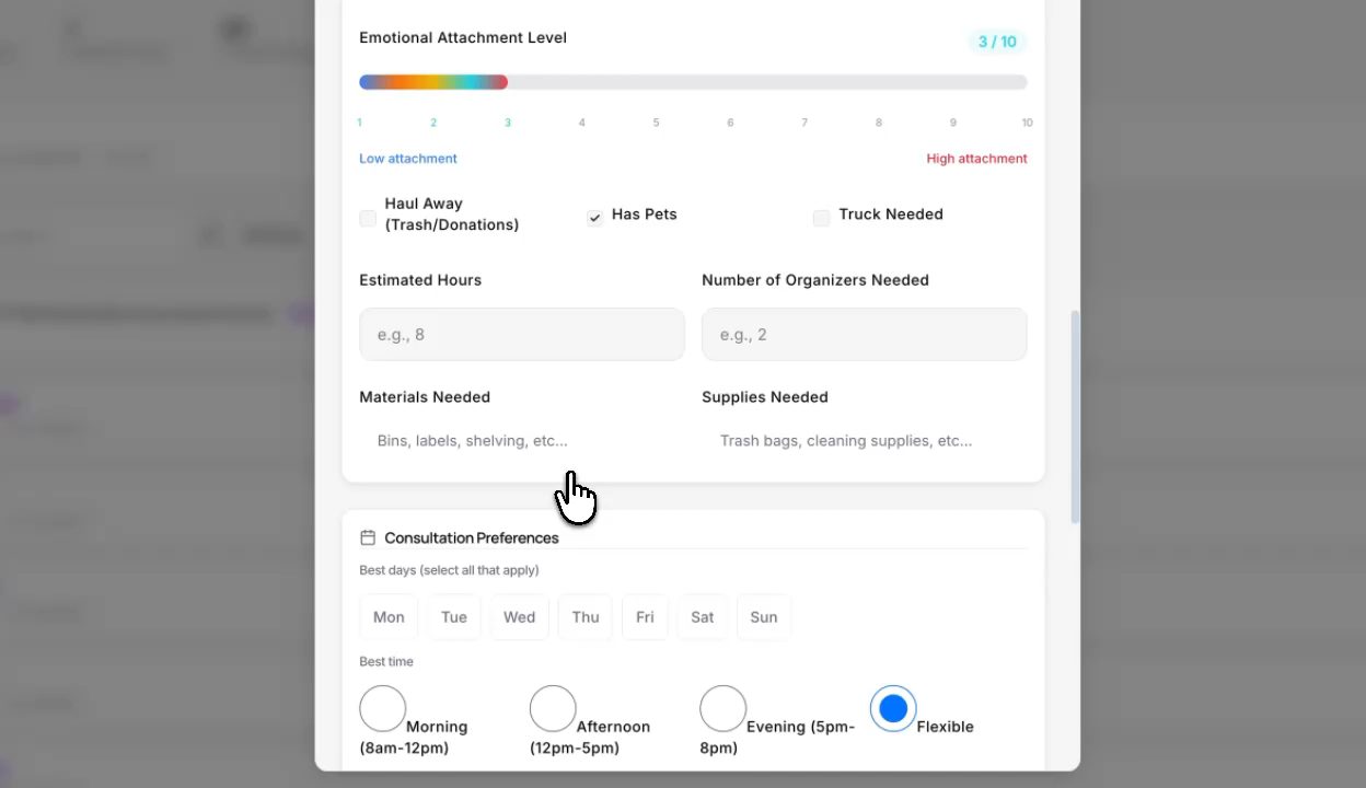 Consultation form with an emotional attachment level slider and scheduling preferences